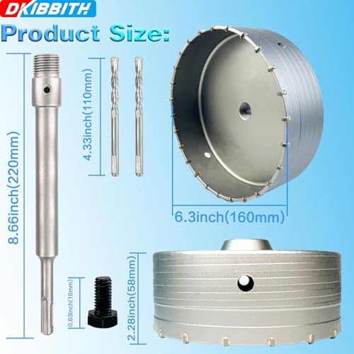6-5/16" Concrete Hole Saw, 160mm Tungsten Steel Core Bit for Cinder Block, Brick, Rock, Plank Walls for Pipes or mini Split Lines, with SDS Plus Shank and 2 Center Positioning Drill Bits. - size: 6-5/16"