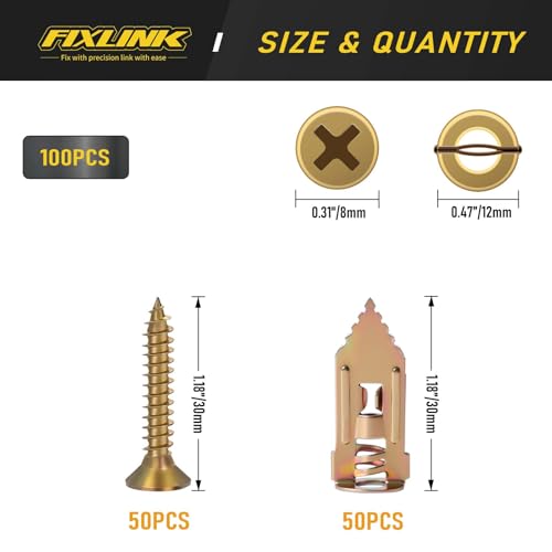 Self Drilling Drywall Anchors Kit, FIXLINK 100PCS Sheetrock Anchors & Screws, Zinc Plated Steel, No Drill or Holes in Wall, for TV, Wall Hanging, Cabinets - size: 1 Size 100 PCS