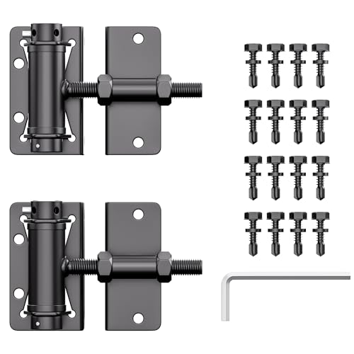 Heavy Duty Self Closing Gate Hinges for Metal/Vinyl/PVC/Wood Fence,90 Degree Narrow Wood Door Hinges with Adjustable Tension,Gate Closer Hinges for Swing Door,Gate Hardware Kit,2 Pack/Set,Black Finish