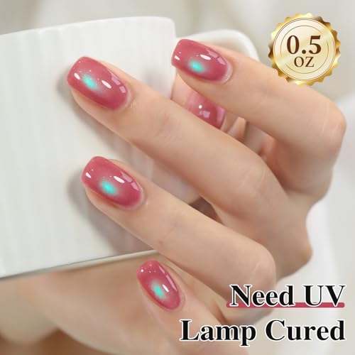 Double Rhythm Jelly Glass Cat Eye Gel Polish with Magnet 15ML Holographic Glitter Shimmer Translucent Sheer Color Magnetic Nail Polish Salon DIY at Home (Pink Teal-MC1267) - color: Aurora Pink Green