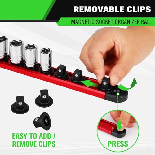 3/8-Inch Magnetic Socket Organizer Rail, Aluminum Alloy Socket Rail, Heavy Duty Sockets Holder with 14 Clips, 360° Swivel Clip Tool Tray, Sockets Organizer for Tool Box Drawer (Red) - style: Red 3/8-inch