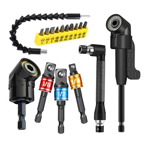 17pcs Flexible Drill Bit Extension, Include 3pcs Impact Socket Adapter 2pcs Hex Shank 105° Right Angle Drill Attachment 10 Short Screwdriver Bits Bendable Drill Bit Extension and 90° Angled Bits - color: 17p*black