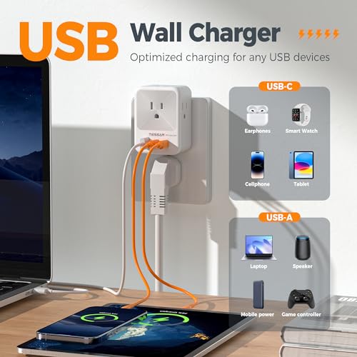 TESSAN Surge Protector Wall Outlet Extender, Multi Plug Outlet Splitter - color: Grey, size: 1 USB-A+2 USB-C