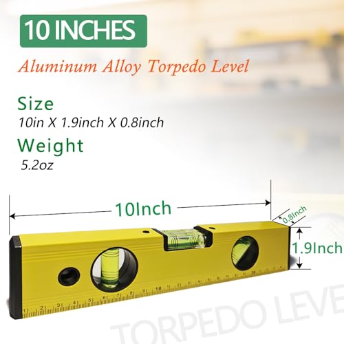 10 Inch Torpedo Level Magnetic, Aluminum Alloy Level Tool, Equipped with 45/90/180 Degree Bubble Vials and Scale Ruler, Open Top-View Design - style: 10″-1pcs