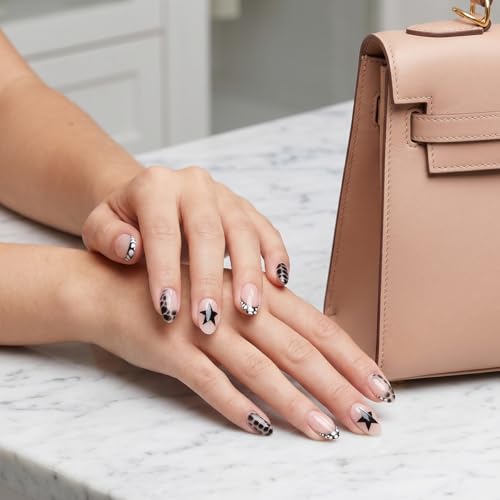 Short Almond Press On Nails Black with Y2K Star Crocodile Print - color: Style22