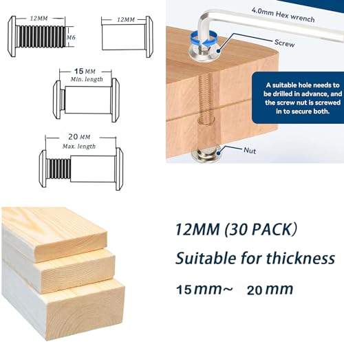 30pcs M6 Furniture Joint Connector Bolt & Cap Nut Kit Use for Cot Bed Crib Bolts Hex Drive Socket Cap Bolts - Hex Socket Screws Head (12mm) - size: 12mm (30pcs)