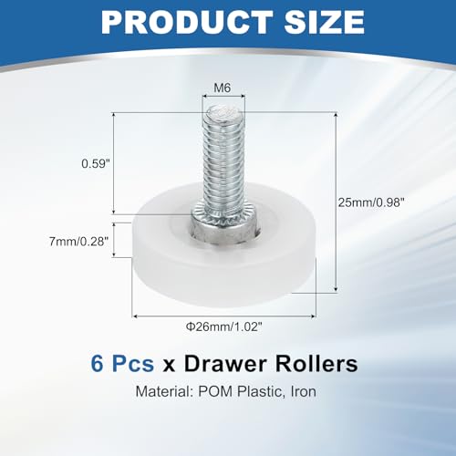 uxcell 6Pcs 26mm Drawer Rollers, M6 x 0.59" Thread Plastic Positioning Pulleys Flat Surface Small Drawer Pulley Bearing Replacement Wheel for Furniture Parts Cabinet Cupboard Slides - size: 26mm M6 x 0.59"