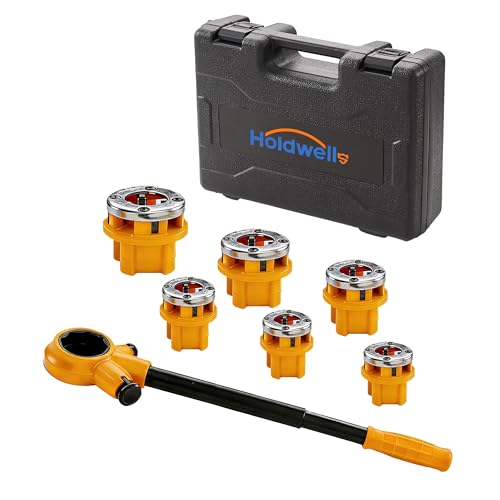 Ratchet Pipe Threader Kit w/ 6 NPT Dies (1/4", 3/8", 1/2", 3/4", 1", 1-1/4"), Heavy-Duty 9SiCr Steel Threading Tool for Galvanized, Iron, Copper & Aluminum Pipes, Portable with Storage Case - size: 1/4" - 1-1/4" (6pcs)