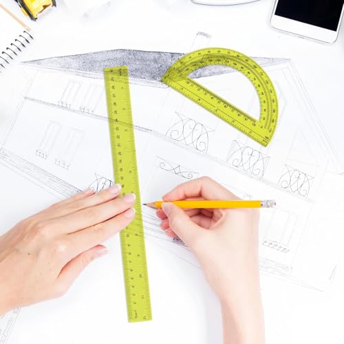 Zonon 2 Pcs 12 Inch Clear Ruler and 6 Inch Plastic Protractor Set, Yellow - color: Yellow