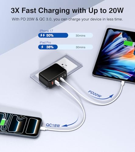 USB C Charger, Flat 100W Max 6-Port Fast Wall Charger Charging Station Hub - color: Black