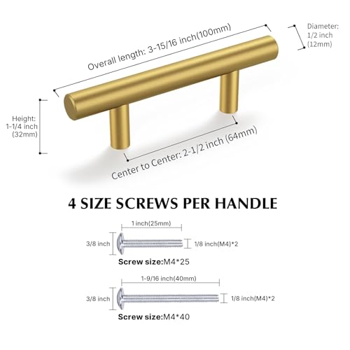 Haliwu 30 Pack 2-1/2in Gold Cabinet Handles for Kitchen Cabinet Handles | Stainless Steel, Gold Handles for Cabinets, Round T-Bar Shape, Brushed Gold Cabinet Pulls, Screws Included - size: 2-1/2 inch hole center