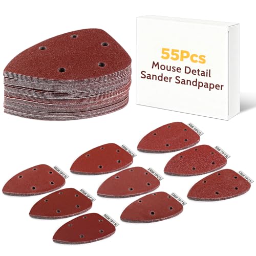 55Pcs Mouse Detail Sander Sandpaper, 9 Grits Triangle Sanding Pads