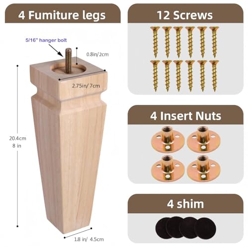 Unfinished Oak Sofa Legs - Heavy Duty Mid Century Solid Wood Replacement Furniture Legs Set of 4 for Couch, Table, Bench, Bed, Dresser, Chair - with Installation Hardware (Natural 8"H*2.75"W) - color: Plain Wood Color, size: 8"H*2.75"W