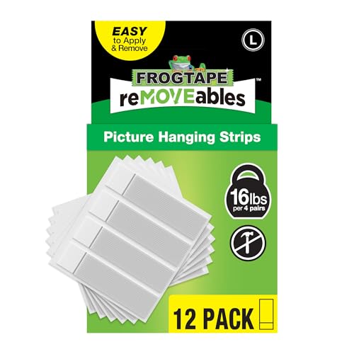 FrogTape reMOVEables Large Picture Hanging Strips - 12 Pairs - 16lbs per 4 Pairs - Damage-Free Removeable Adhesive Wall Strips Picture Hangers for Mounting Frames, Canvas, Home Décor White (24 Pieces) - size: 12 Pairs, style: Large