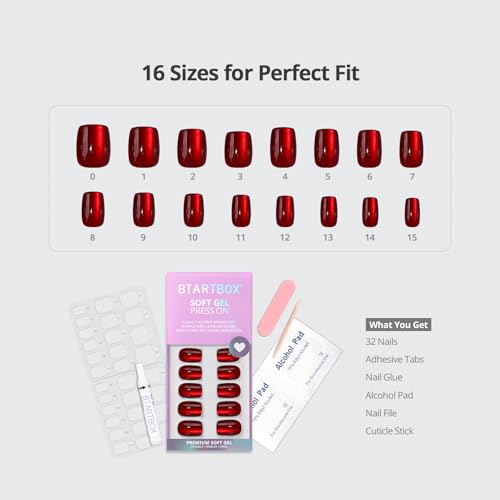 BTArtbox Press On Nails, Hot Love, Short Square, Red Cat Eye, 32Ct - color: A1-Hot Love