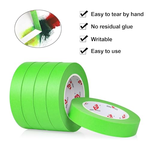 BOMEI PACK Green Painters Tape 1 Inch Bulk - Paint Tape 5 Rolls x 1 Inch x 55 Yards - Green Masking Tape for Walls Painting, DIY Crafting, and School Projects, Total 275 Yards - color: Green