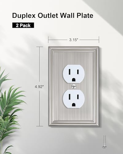 2-Pack Zinc Alloy Single Duplex Outlet Cover Plate, Solid Receptacle Cover - color: Brushed Nickel, size: 1 Duplex 2PK