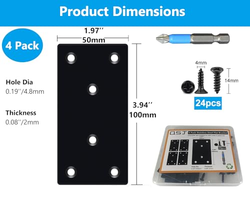 QSJ 4 Pack Black Flat Mending Plate,Six-Hole Metal Bracket, Straight Steel Brace 3.94 x 1.97'', Fixing Joining Plate for Wood with 24PCS Screws, 1x Screwdriver. - size: Black, 3.94x1.97‘’
