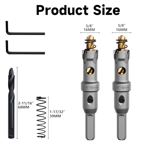 Metal Hole Saw 5/8''(16mm) 2Pcs Set Heavy Duty Tungsten Carbide Tipped Hole Cutters Set with a nitrided Step Drill and L-flench, for Steel Iron,Aluminum,Stainless stell,Plastic - size: 5/8''(16mm)-2PCS