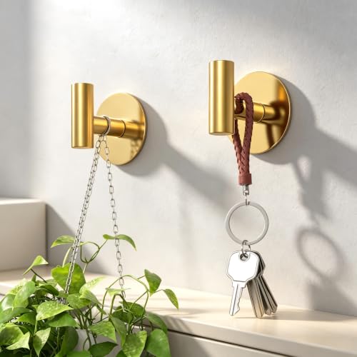 Gold Stainless Steel Wall Hooks, Heavy Duty Self-Adhesive Hooks for Coats, Towels, Robes, Hats, Aprons – No Drill Bathroom, Kitchen, Hotel (4 Pack) - color: Gold, size: Adhesive "T" Shape- 4 Pack