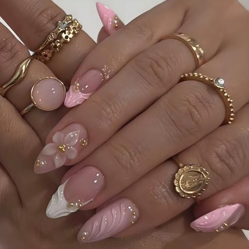 LPOODDNU Press on Nails - color: pink french tip flower