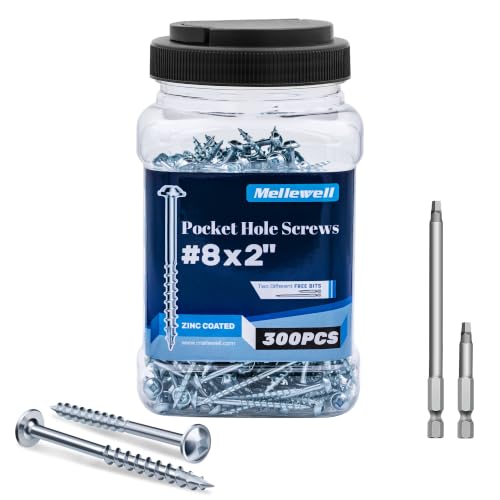 Mellewell #8 x 2 Zinc Coated Pocket Hole Screws, Square Drive Self Tapping Wood Screws, Coarse Thread Anti-Rust Coated Wood Screw, 65MM 150MM Drive Bits Included, Carbon Steel, 300 PCS - color: Silver, size: #8 x 2"