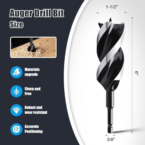 1-1/2" x 6" Auger Drill Bit for Wood,Hex Shank Tri Flute Drill Bit - size: 1-1/2"x6"