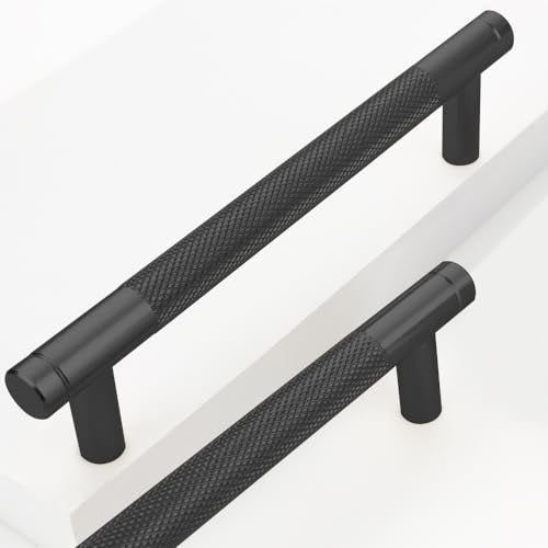 12 Pack 5 Inch 128 mm Black Knurled Cabinet Handles Cabinet Pulls Aluminum Handles Pulls Oxidation Finish with Diamond Pattern 6" Length (5" Hole Center) - color: Black, size: 5 Inch