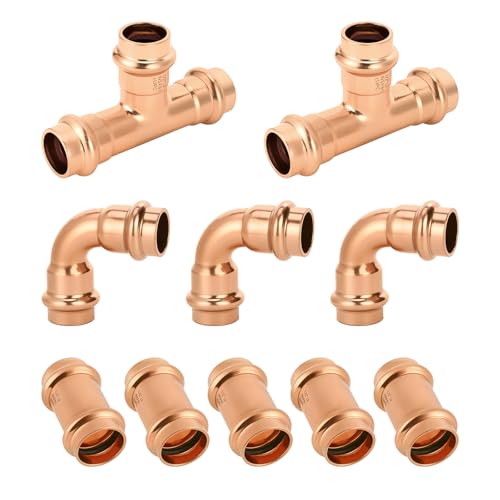 1/2" Copper Press Fittings Assortment Kit – 2 Tees, 3 Elbows, 5 Couplings |, Quick Press Copper Pipe Fittings for Plumbing Projects,10-Pack