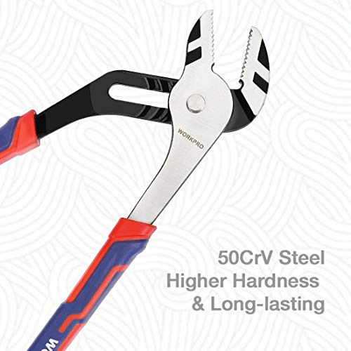 WORKPRO 10-Inch Groove Joint Pliers, 7-Position Adjustable Pump Pliers, 2" Jaw Capacity, CR-V Steel, Anti-Rust Electrophoretic Coating, Bi-Material Non-Slip Handle for Plumbing, Home Repair - size: (Pack of 1)
