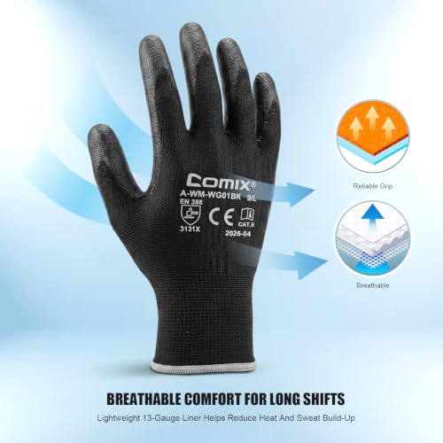 Comix PU Coated Work Gloves for Men & Women, 12 Pairs Bulk Pack, Grip - size: Medium