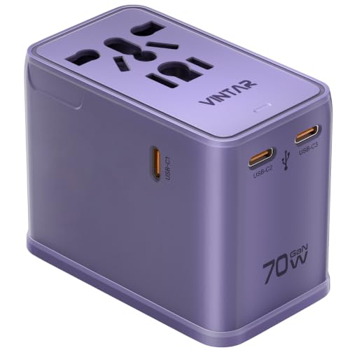VINTAR Universal Travel Adapter 70W GaN, 5-in-1 with 3USB-C PD & 1USB-A QC - color: 70W Purple