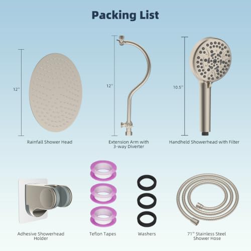 Hibbent All Metal High Pressure Shower Head, 12'' Rainfall Shower Head - color: Brushed Nickel, style: Round 12''