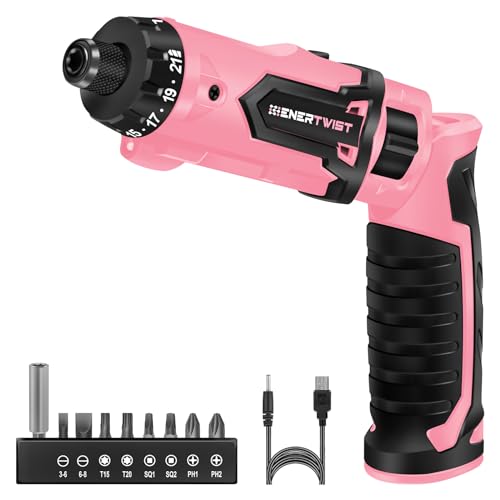Enertwist Electric Screwdriver, 8V Max 10Nm Pink Cordless Screwdriver Rechargeable Set with 9 Accessory Kit, 21+1 Cluth, Dual Position Handle, LED Light - style: 9PCS 8V PINK