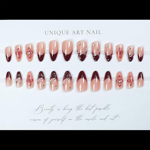24PCS Red French Tip Press on Nails Almond 3D Flower Fake Nails Medium Diamond Designs Full Cover Glossy Stick on Nails Manicure - color: red french tip flower