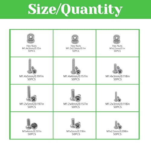 600Pcs 304 Stainless Steel Metric Micro Screws Nuts Assortment, M1 M1.2 M1.4 Sizes, Micro Phillips Head Pan Head Screws, Fully Threaded Kit for Arduino, RC Models, Electronics - size: M1/M1.2/1.4-600Pcs