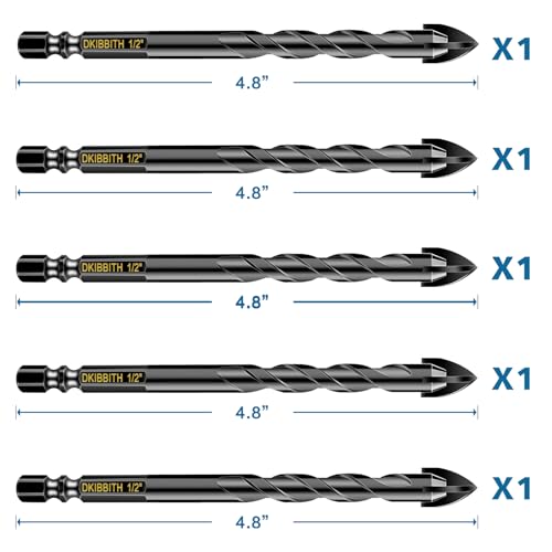 5 Pcs 1/2" Masonry Concrete Drill Bit Set for Tile Brick Glass Plastic Wood, Cross Tungsten Carbide Tip, Hex Shank, Work with Ceramic Porcelain Tile Wall Mirror Paver, 1/2 Inch Drill Bits, 12mm - size: 5 Pack 1/2"(12mm)