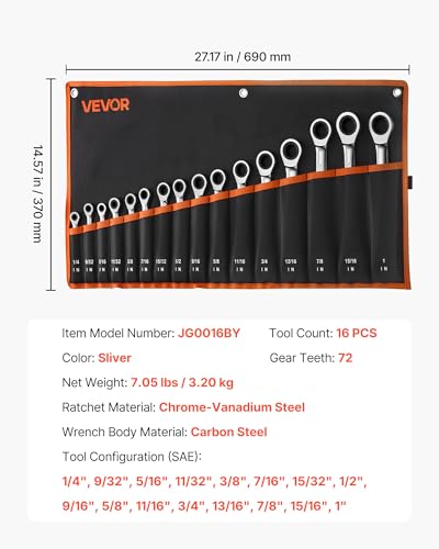 VEVOR Combination Wrench Set, 16-Piece SAE Sizes, 72 Teeth, Cr-V Steel Ratcheting Wrench Set, with Roll Up Pouch, Open End, Clear Size Labels, for General Household and Automotive Repairs, Silver - size: 16PCS (SAE), style: Regular