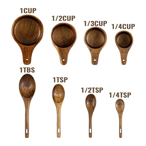 Wooden Measuring Cups and Spoons Set - Eco-Friendly Solid Acacia Wood, Laser Engraved Measurements, Perfect for Baking & Cooking - Ideal for Bakers, Chefs & Home Cooks（brown）