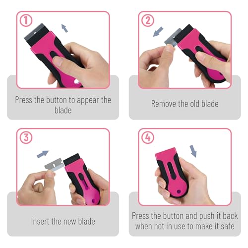 Bates- Razor Blade Scraper Tool, 2 Pack, 30 Extra Stainless Steel Blades, Anti-Slip Ergonomic Handle Design, Razor Scraper Set for Cleaning Window, Paint, Oven, Glass, Stove - color: Black & Pink
