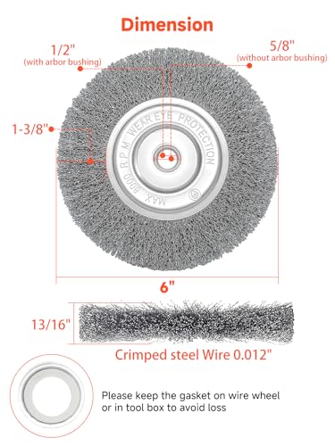 6in Wire Wheel Brush for Bench Grinder, Coarse Crimped Steel Wire 0.012" with 1/2" & 5/8" Arbor for Rust Removal - 1pack - style: 6in 1pcs