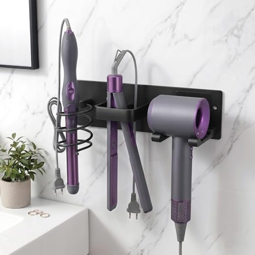 Hair Tool Organizer Wall Mount, Bathroom Storage Rack with Dryer Holder, Flat Iron Stand, Curling Iron Caddy, 3-in-1 Heat-Resistant Hair Rack, No-Drill Adhesive or Screw Mount, Matte Black - style: Black Hook style