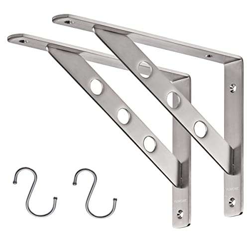 YUMORE 10 Inch Shelf Bracket, Heavy Duty L Bracket with 2 S Hook, 2 Pack - size: 10"(Soild)
