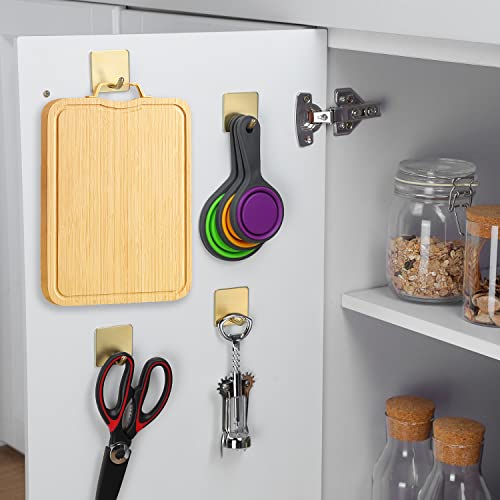 YIGII Adhesive Towel Hooks/Bathroom Hook, Gold Self Adhesive Hooks Heavy Duty Coat Hooks 4-Packs, Non-Punching for Hanging Robes Clothes Hats Stick on Kitchen Bedroom Wall Door, Stainless Steel - color: Gold