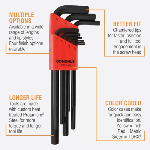 Bondhus 12199 Set of 9 Hex L-wrenches, Long Length, sizes 1.5-10mm