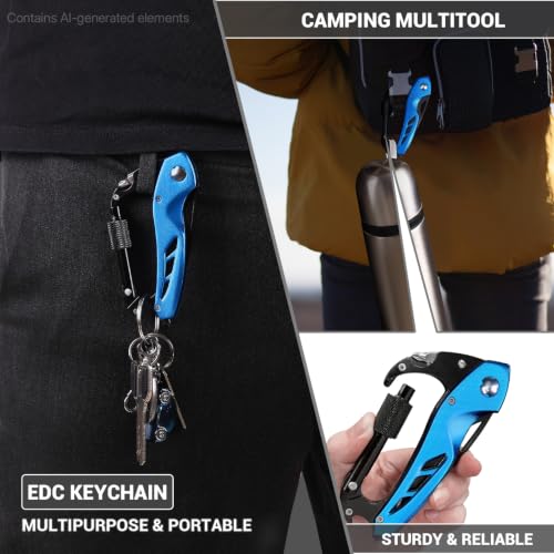 FUNBRO EDC Multitool Carabiner with Knife, Bottle Opener - color: Blue