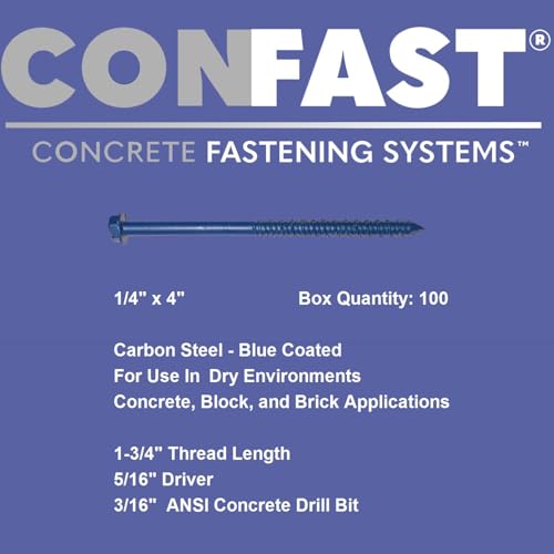 CONFAST 1/4" x 4" Hex Head Concrete Screw Anchor with Drill Bit for Anchoring to Masonry, Block or Brick (100 per Box) - size: 1/4" x 4"