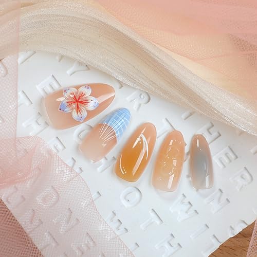 Press on Nails Almond Medium French Tip 3D Embossed Color Flower&Bead Design Fake Nails - color: 3D Embossed design 19
