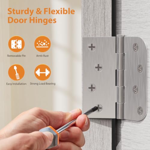 Brushed Nickel Door Hinges 4 Inch 3 Pack with Square & 5/8" Radius - color: Brushed Nickel-Square&Round, size: 3 Pack