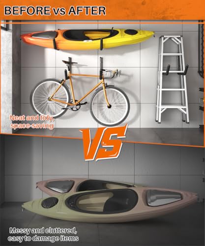 Heavy Duty Kayak Storage Rack with EVA Foam & Rubber Bushing, Wall Mount Kayak Hangers Large Hooks for Garage Hanger Canoe, Surfboard, Skiboard, Snowboard, Paddle Board, Ladders, Bike